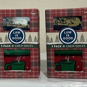Life Is Good Unisex Crew Socks 2 box of 3-Pack holiday designs.